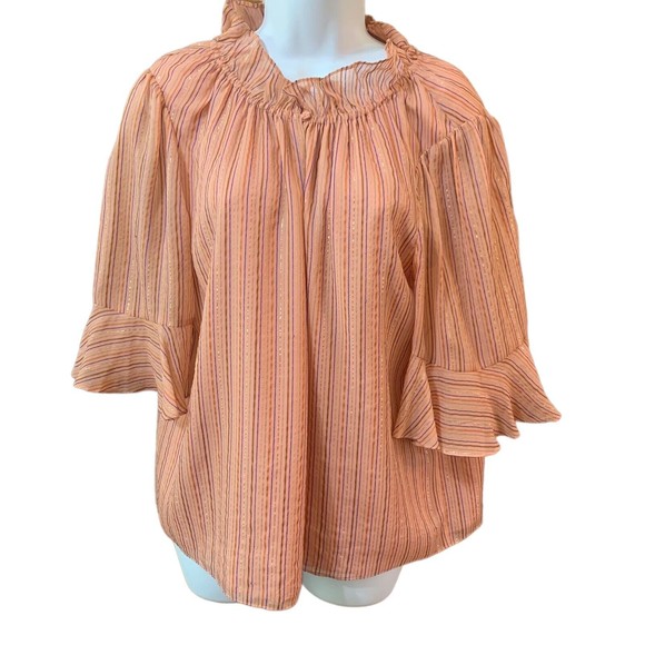 Rebecca Taylor XL Blouse Margarita Pink Metallic Stripe Lurex Silk Lined Top - Picture 1 of 10